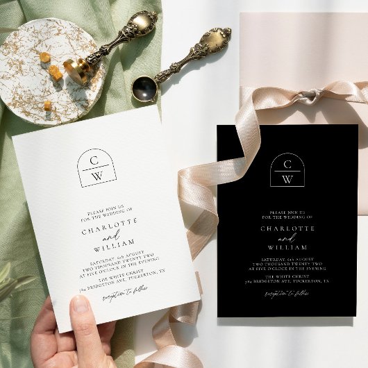 Monogram Arch Modern Simple Black Wedding Einladung