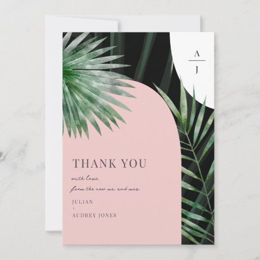 Monogram Arches Tropical Wedding Photo Dankeskarte (Vorderseite)