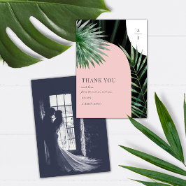 Monogram Arches Tropical Wedding Photo Dankeskarte