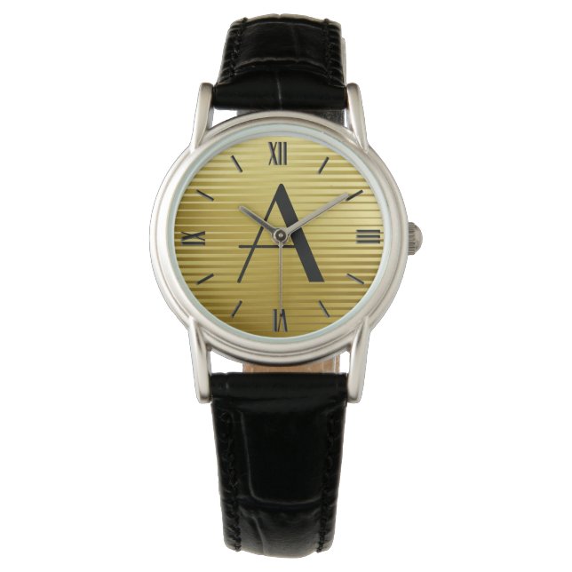 Monogram Art Deco Gold Satin Streifen Armbanduhr (Vorderseite)