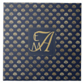 Monogram ART DECO Muscheln Navy Blue Gold Newlywin Fliese (Vorderseite)