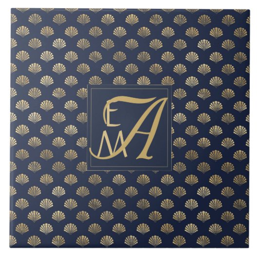 Monogram ART DECO Muscheln Navy Blue Gold Newlywin Fliese (Vorderseite)