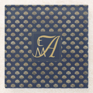 Monogram ART DECO Muscheln Navy Blue Gold Newlywin Glasuntersetzer