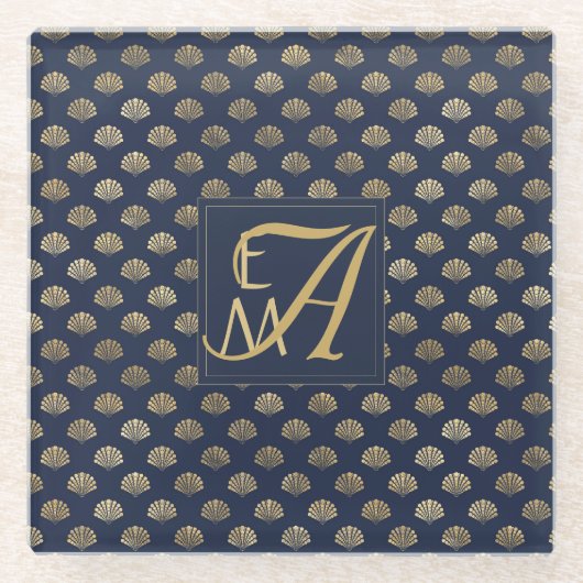 Monogram ART DECO Muscheln Navy Blue Gold Newlywin Glasuntersetzer (Vorderseite)