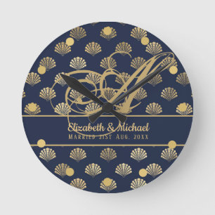 Monogram ART Deco Navy Blue Gold Muscheln Neu Runde Wanduhr