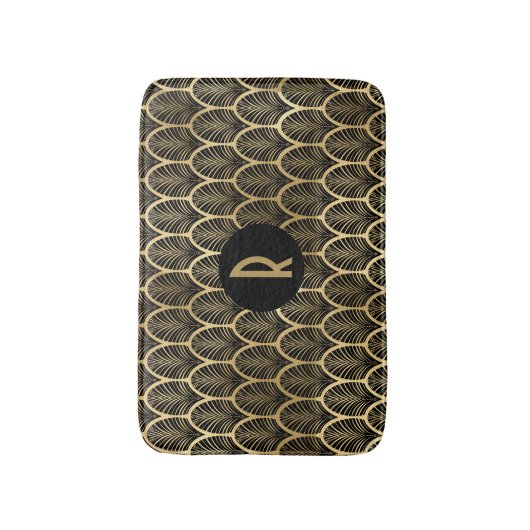 Monogram Art Deco Schwarz und Gold Muster Badematte (Vorderseite Vertikal)
