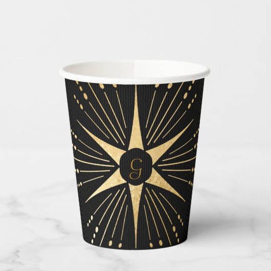 Monogram Art Deco Star Black and Gold Paper Cup Pappbecher (Links)