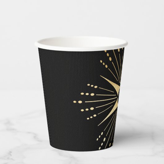 Monogram Art Deco Star Black and Gold Paper Cup Pappbecher (Vorderseite)