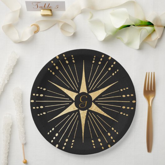 Monogram Art Deco Star Black and Gold Pappteller (Hochzeit)
