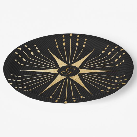 Monogram Art Deco Star Black and Gold Pappteller (Schrägansicht)