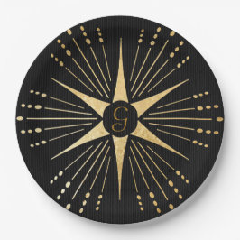 Monogram Art Deco Star Black and Gold Pappteller