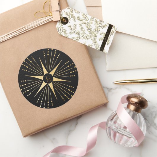 Monogram Art Deco Star Black and Gold Runder Aufkleber (Schenken)