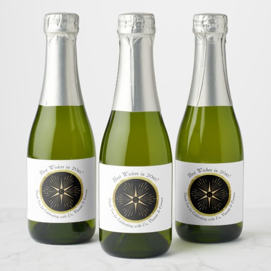 Monogram Art Deco Star Black and Gold Schaumweinetikett (Flaschen)