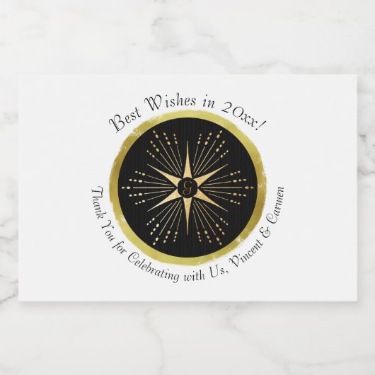 Monogram Art Deco Star Black and Gold Schaumweinetikett (Einzelnes Label)