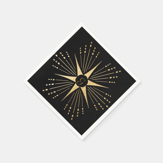 Monogram Art Deco Star Black and Gold Serviette (Ecke)