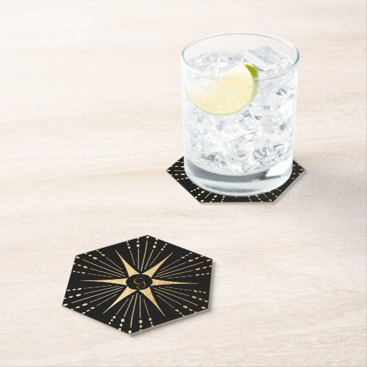 Monogram Art Deco Star Black and Gold Untersetzer (Vor Ort)