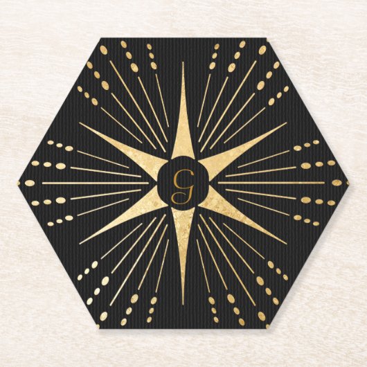 Monogram Art Deco Star Black and Gold Untersetzer (Vorderseite)