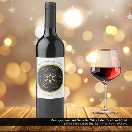 Monogram Art Deco Star Black and Gold Weinetikett