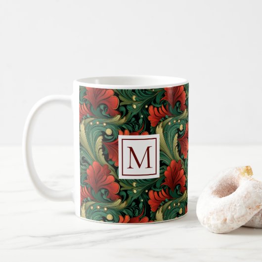 Monogram Art Noveau Christmas Green Pattern Kaffeetasse (Mit Donut)