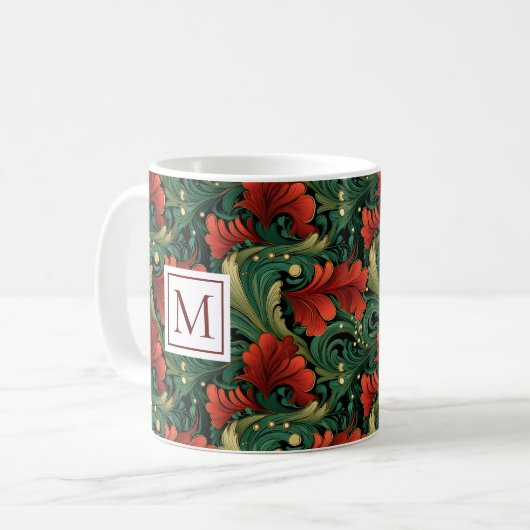 Monogram Art Noveau Christmas Green Pattern Kaffeetasse (Vorderseite Links)