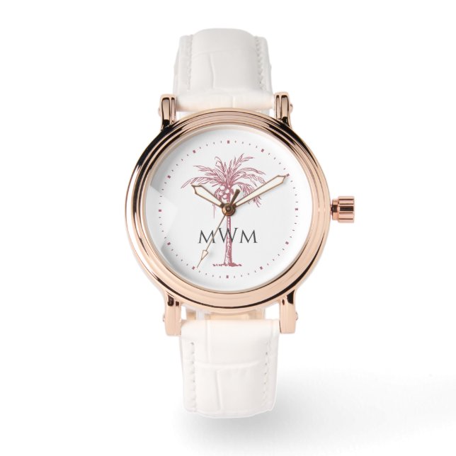 Monogram Artistic Rose Gold Palm Tree Tropical Armbanduhr (Vorderseite)