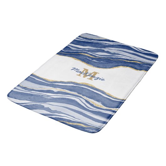 Monogram aus blauem Marmor Agate Gold Glitzer Badematte (Schrägansicht)