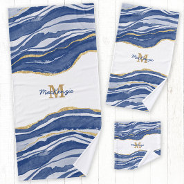 Monogram aus blauem Marmor Agate Gold Glitzer Badhandtuch Set