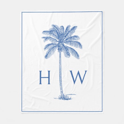 Monogram aus Blue und White Palm Palmetto Tree Fleecedecke (Vorderseite)