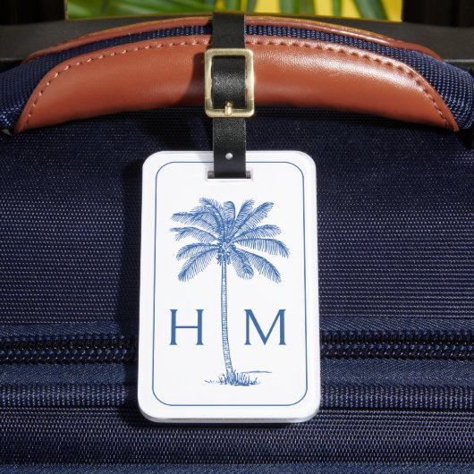 Monogram aus Blue und White Palm Palmetto Tree Gepäckanhänger (Vorderseite Insitu 2)