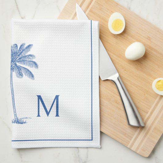 Monogram aus Blue und White Palm Palmetto Tree Geschirrtuch (Viertel Falte)