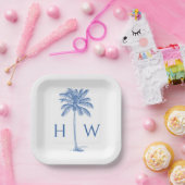 Monogram aus Blue und White Palm Palmetto Tree Pappteller (Party)