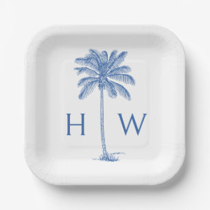 Monogram aus Blue und White Palm Palmetto Tree Pappteller