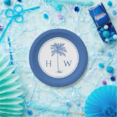 Monogram aus Blue und White Palm Palmetto Tree Pappteller (Party)