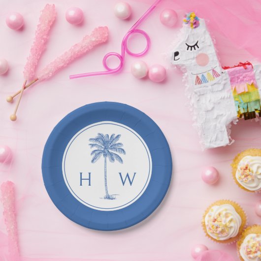 Monogram aus Blue und White Palm Palmetto Tree Pappteller (Party)