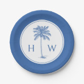 Monogram aus Blue und White Palm Palmetto Tree Pappteller (Vorderseite)