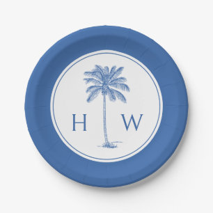 Monogram aus Blue und White Palm Palmetto Tree Pappteller
