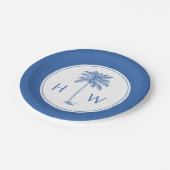 Monogram aus Blue und White Palm Palmetto Tree Pappteller (Schrägansicht)