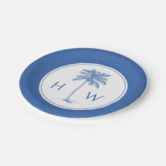 Monogram aus Blue und White Palm Palmetto Tree Pappteller (Schrägansicht)