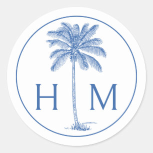 Monogram aus Blue und White Palm Palmetto Tree Runder Aufkleber