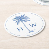 Monogram aus Blue und White Palm Palmetto Tree Runder Pappuntersetzer (Angewinkelt)