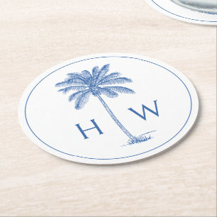 Monogram aus Blue und White Palm Palmetto Tree Runder Pappuntersetzer