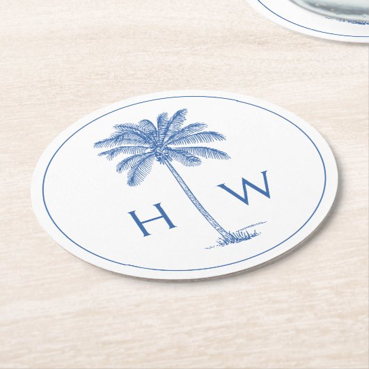 Monogram aus Blue und White Palm Palmetto Tree Runder Pappuntersetzer (Angewinkelt)
