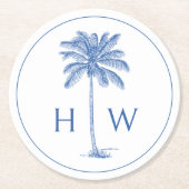 Monogram aus Blue und White Palm Palmetto Tree Runder Pappuntersetzer (Vorderseite)