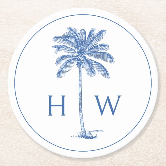 Monogram aus Blue und White Palm Palmetto Tree Runder Pappuntersetzer (Vorderseite)