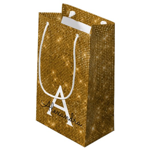 Monogram aus Gold und Schwarz - Name hinzufügen Kleine Geschenktüte (Rückseite Schrägansicht)