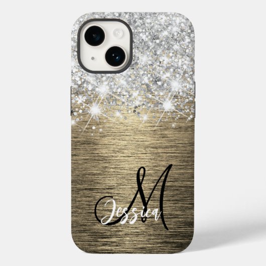 Monogram aus goldgegossenem Metall-Silber-Glitzer Case-Mate iPhone Hülle (Rückseite)