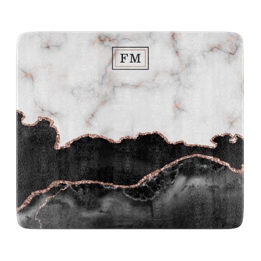 Monogram aus Luxus Marble Black Agate Gold Glitzer Schneidebrett (Vorderseite)