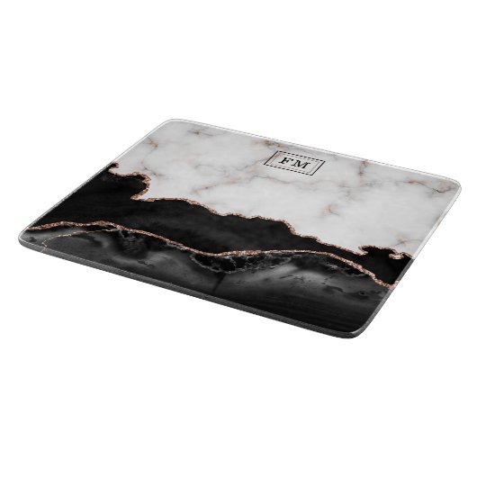 Monogram aus Luxus Marble Black Agate Gold Glitzer Schneidebrett (Ecke)