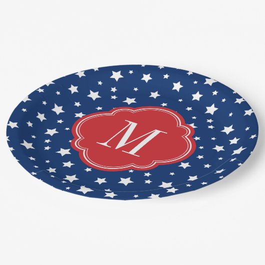Monogram aus Red White and Blue Patriotic Stars Pappteller (Schrägansicht)