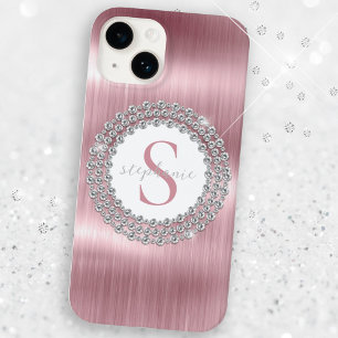 Monogram aus rosa Metalldiamanten Funkelnd luxuriö Case-Mate iPhone 14 Hülle